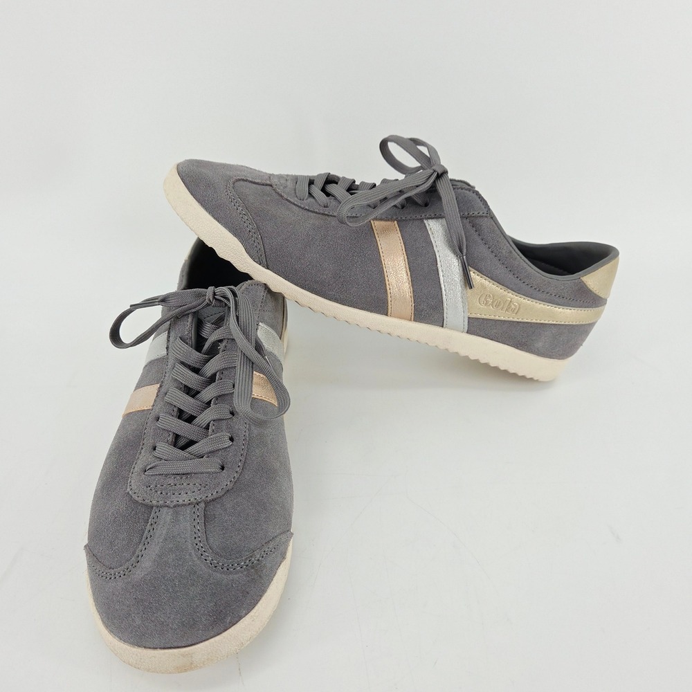 Gola Bullet Mirror Trident Grey Suede Leather Metallic Sneakers CLB354 Womens 10